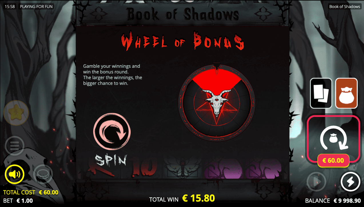 Testing through the Book of Shadows free slot demo mode